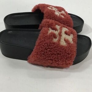 Women’s Tory Burch Shearling Slide Black Textured Sole Sandals Size 6M